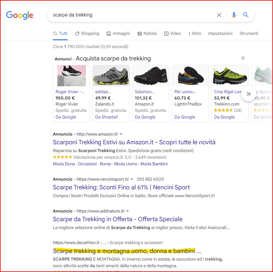 risultati serp con scarpe da trekking